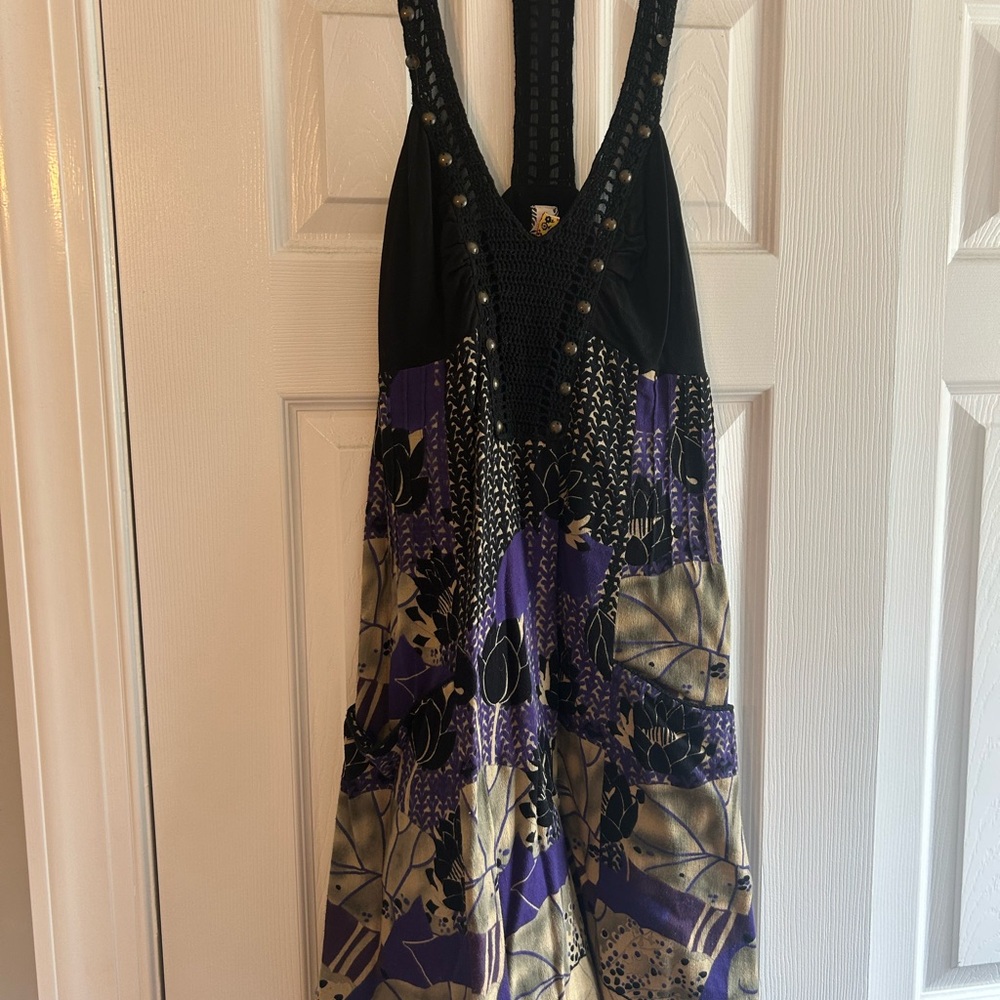 Free People Black and Purple Sundress with Halter Neckline for Cocktail